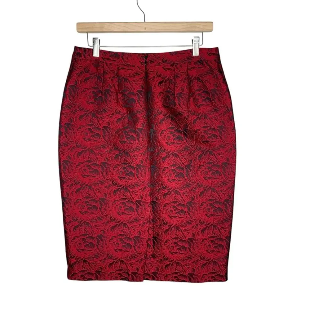 Calvin Klein Jacquard Roses Pencil Skirt 6 Black Red Dark Floral Vamp Party - Picture 4 of 12